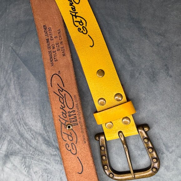 Ed Hardy Men / Women Size S Panther Roses Floral Design Yellow Leather Belt - Picture 3 of 5